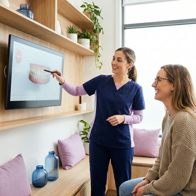 Dr. Fatima collaborating with a patient on a digital smile mockup in a modern consultation room