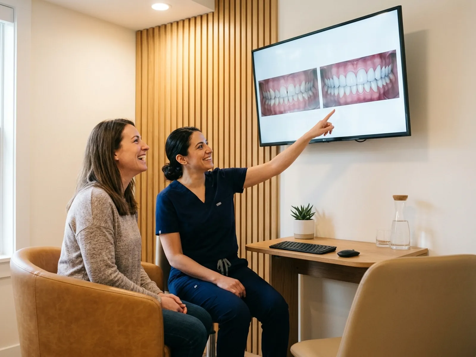 Clinician reviewing a digital smile mockup on a wall screen with a seated woman