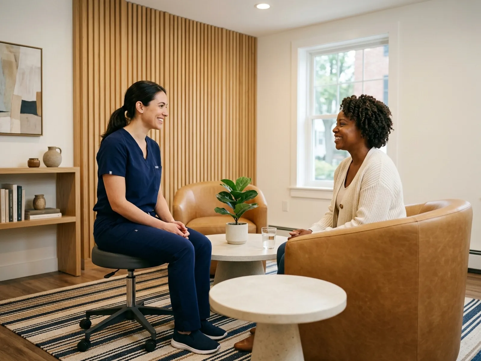 Warm, unhurried consultation between a clinician and a seated woman in a private room