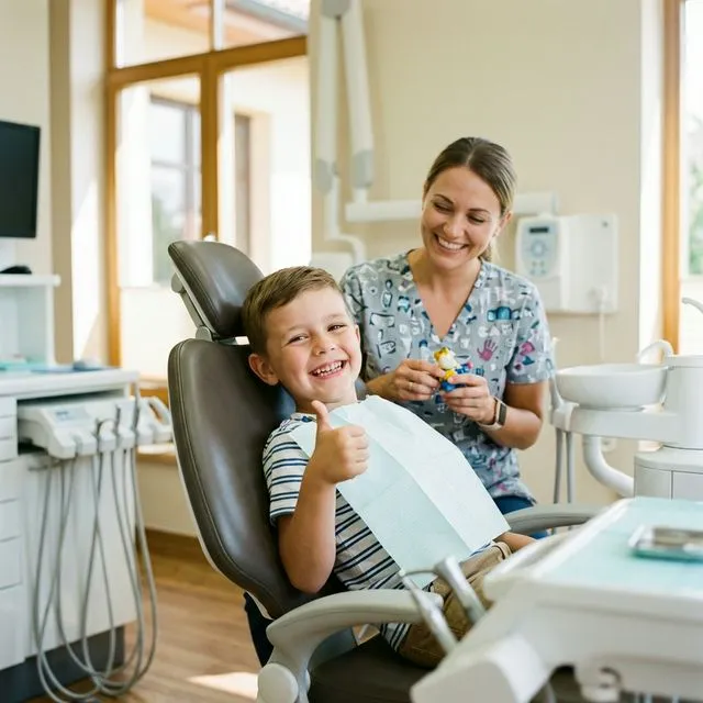 Happy child smiling at the dentist after a positive pediatric dental visit at Innova Smiles Marlborough
