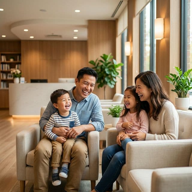 Family with two young children laughing together in a bright reception lounge