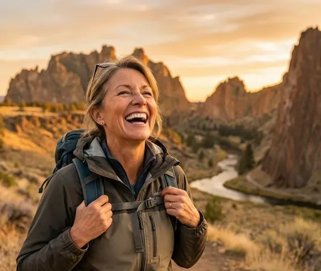 Woman with a backpack laughing on a canyon trail at sunset