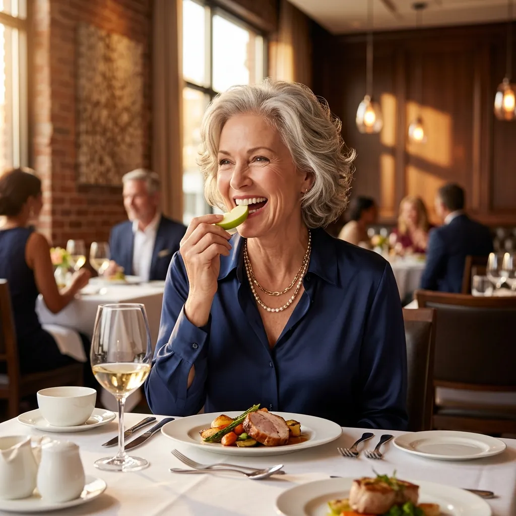Active adult dining confidently after affordable dental implants
