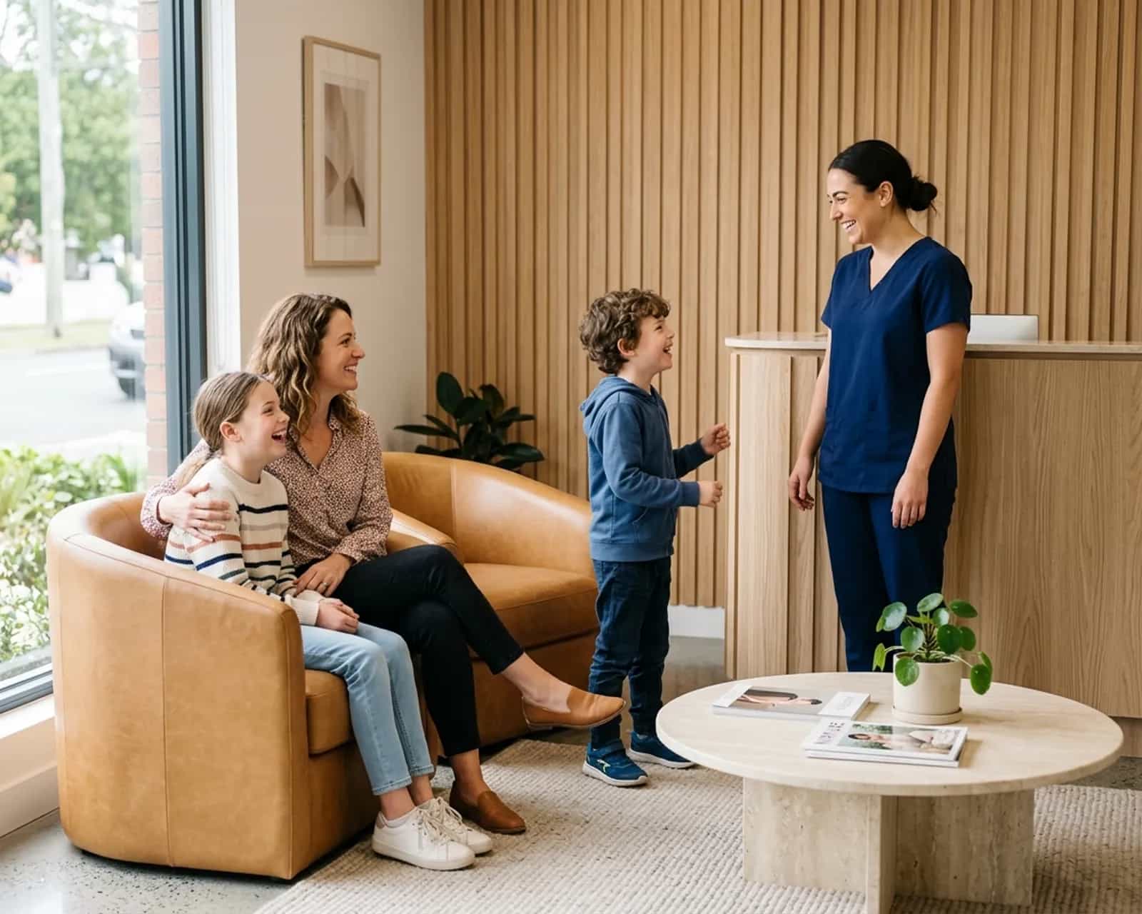 Parent and two children being greeted by a team member in a dental waiting area
