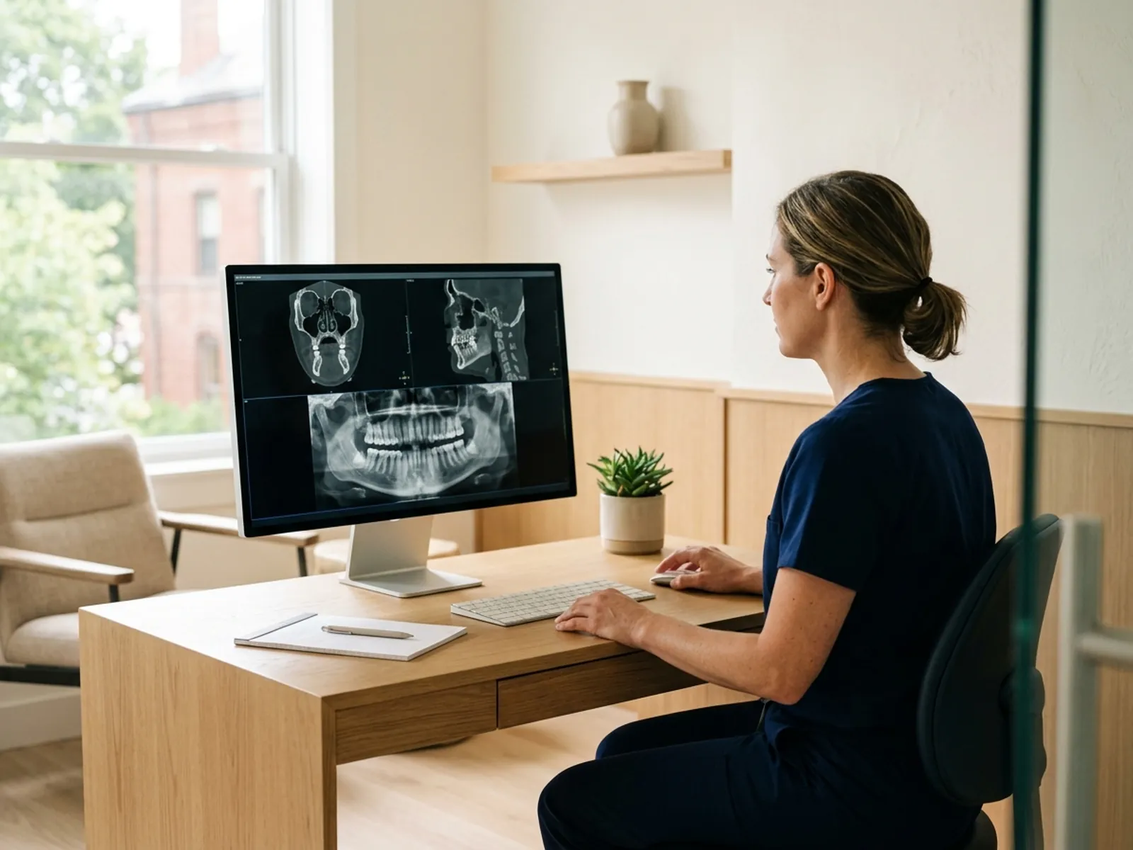 Clinician studying a 3D dental CBCT render on a large monitor at a consultation desk