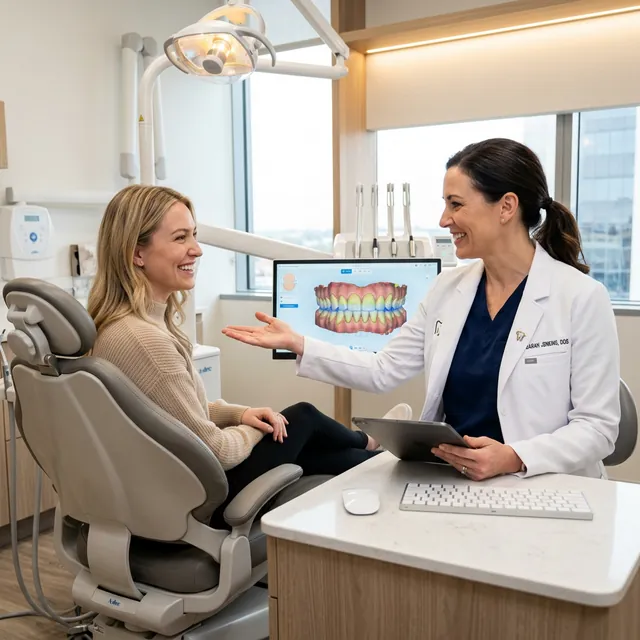 Dentist and patient reviewing a custom 5D digital smile design consultation for a complete smile makeover in Marlborough, MA