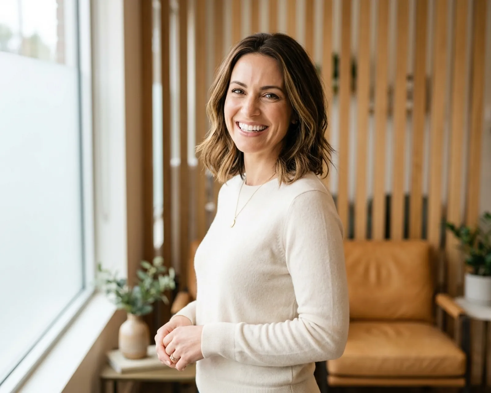 Confident woman smiling broadly in a sunlit dental office lobby