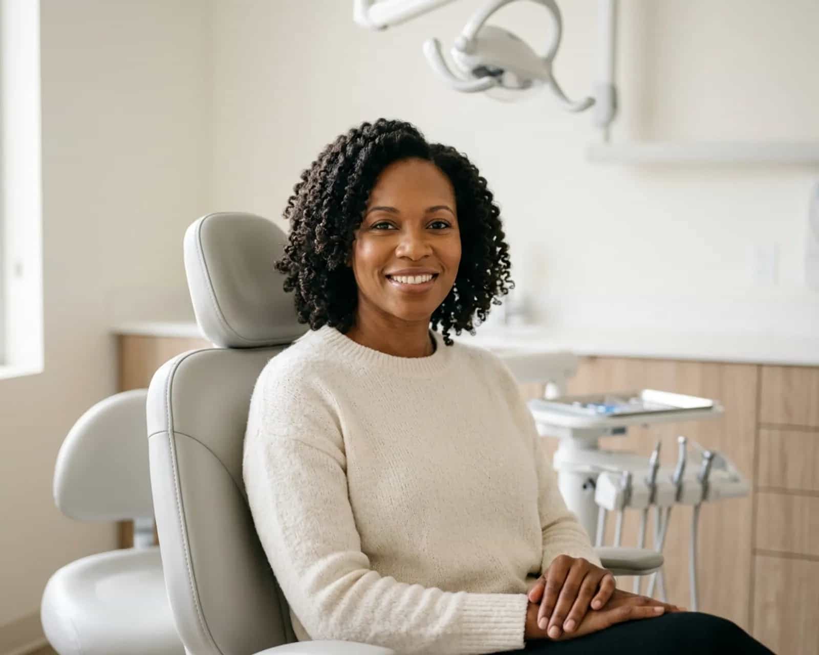 Relaxed woman smiling in a modern dental treatment room