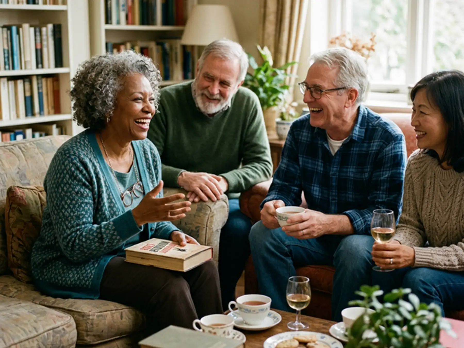 People socializing confidently after modern denture or implant-retained denture treatment in Marlborough