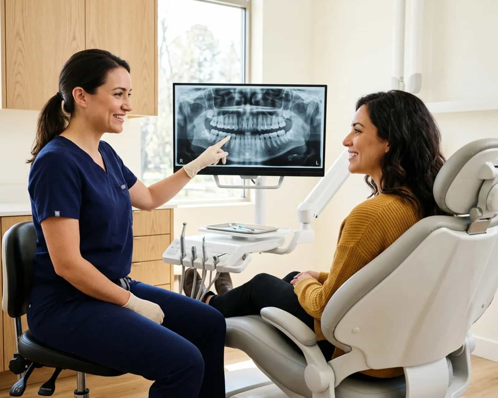 Clinician discussing a panoramic X-ray with a seated woman in a dental operatory