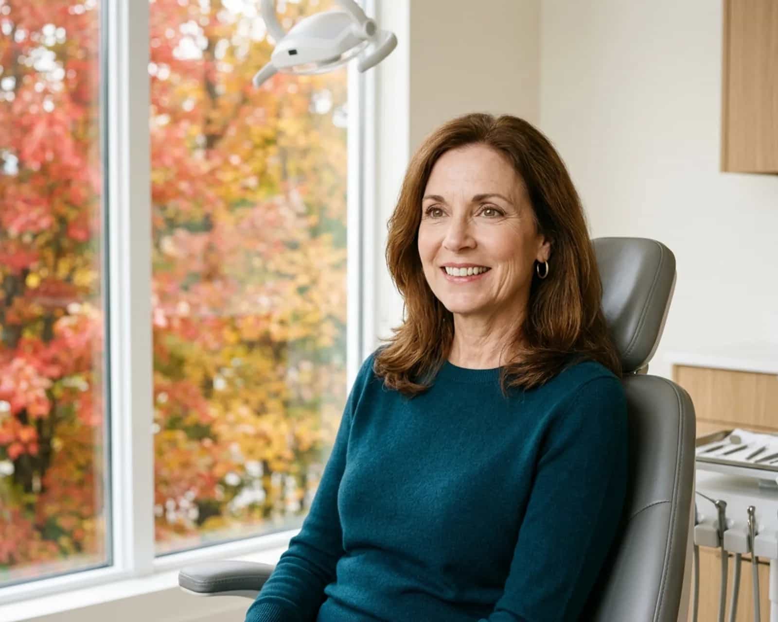 Woman in her 60s smiling in a dental treatment room with autumn foliage outside