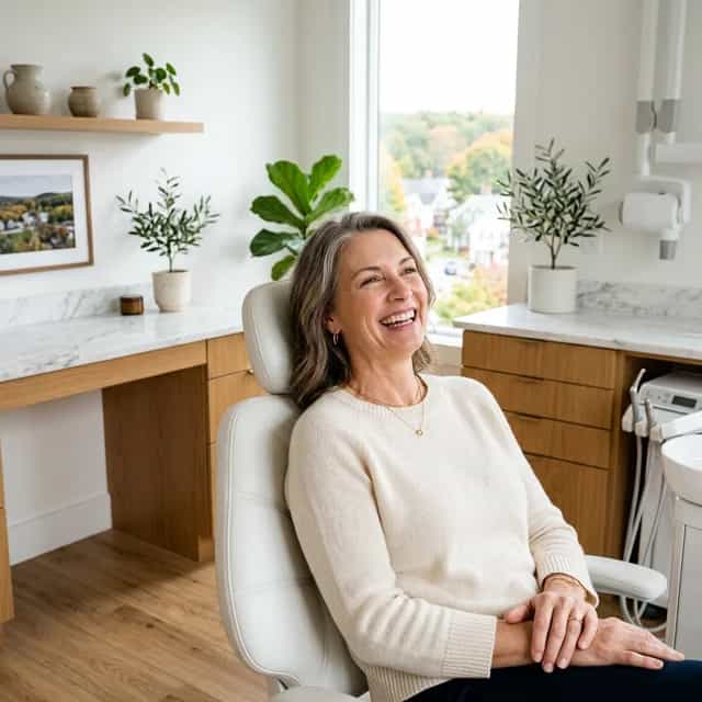 Patient smiling after full-mouth restoration with All-on-4 dental implants at Innova Smiles in Marlborough, MA