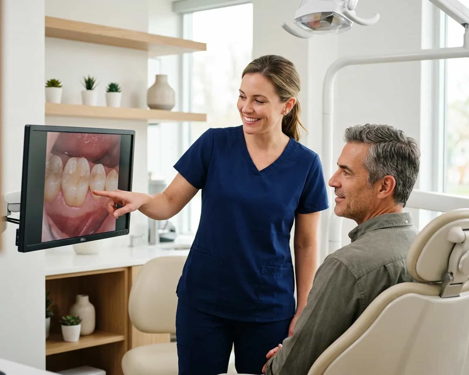 Hygienist showing a seated man an intraoral camera image on a chairside screen