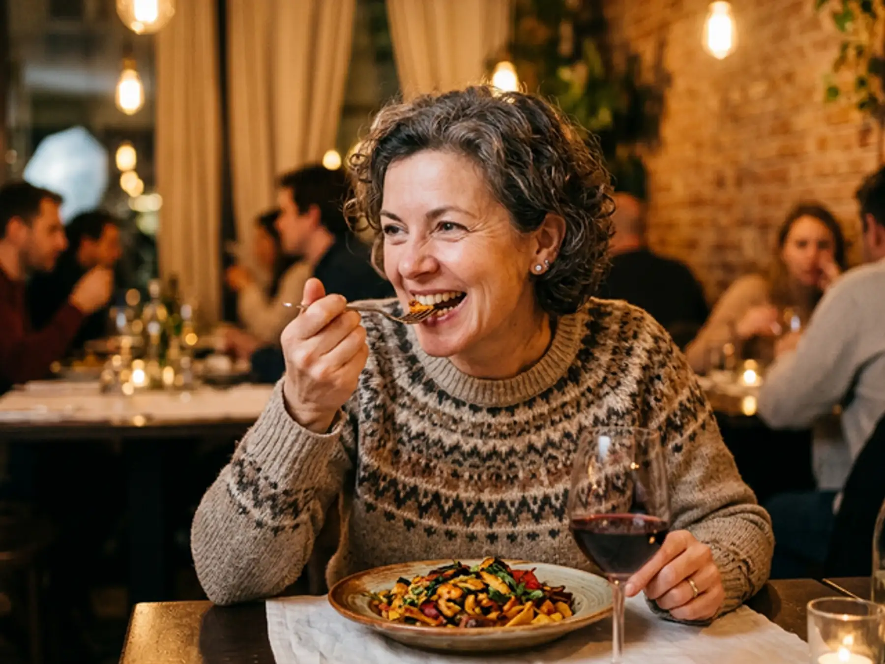 Woman smiling as she eats dinner at a cozy restaurant table