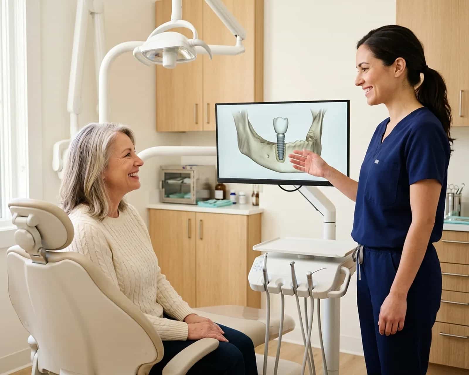 Clinician and a woman in her 60s reviewing a 3D dental implant image on a chairside monitor