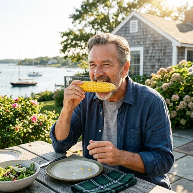 Man eating corn on the cob at an outdoor table by a harbor