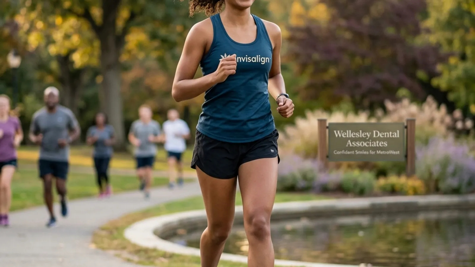 Active woman outdoors with a straight, confident smile after Invisalign treatment in Marlborough