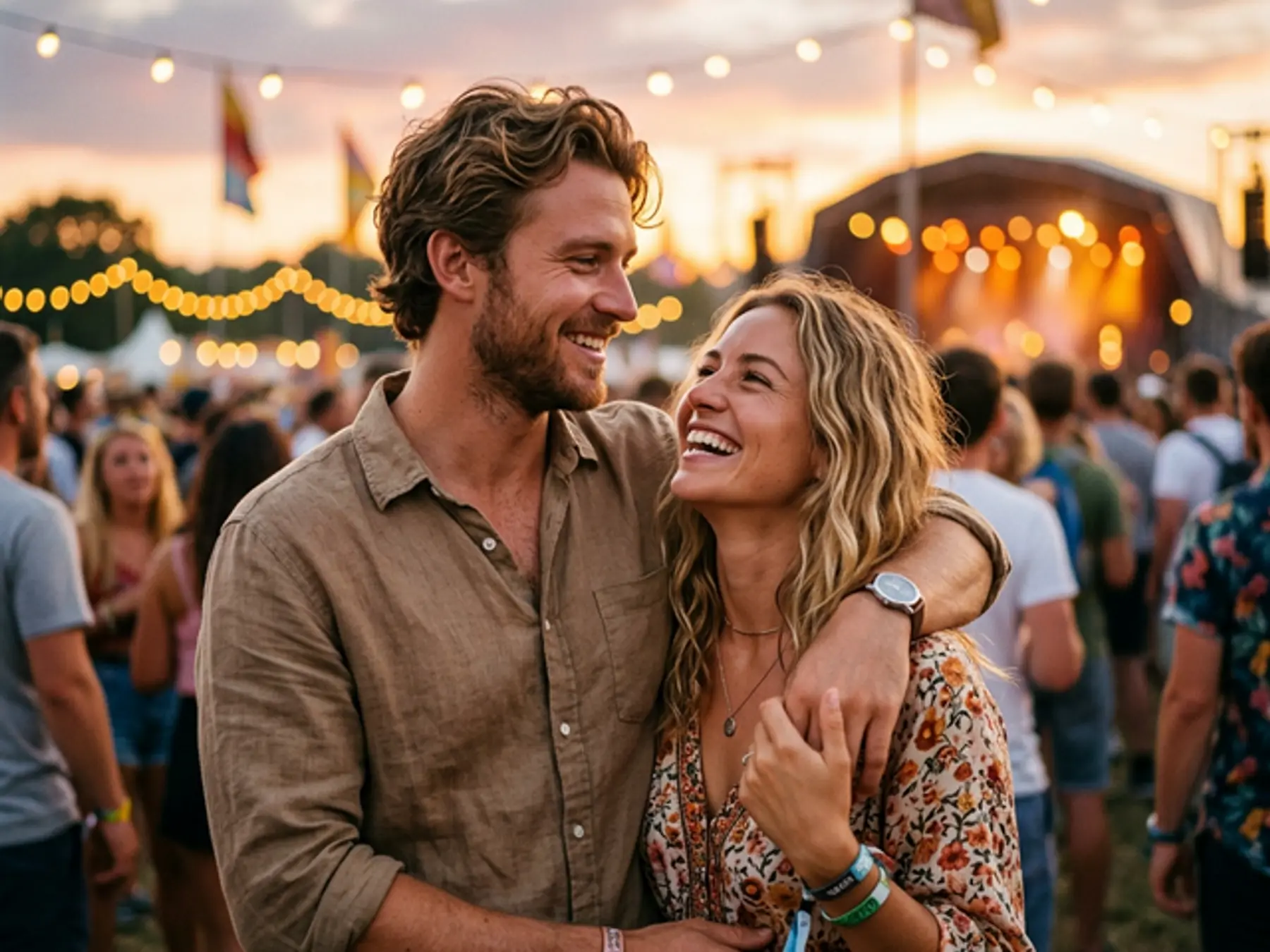 Couple embracing and laughing at an outdoor music festival at sunset