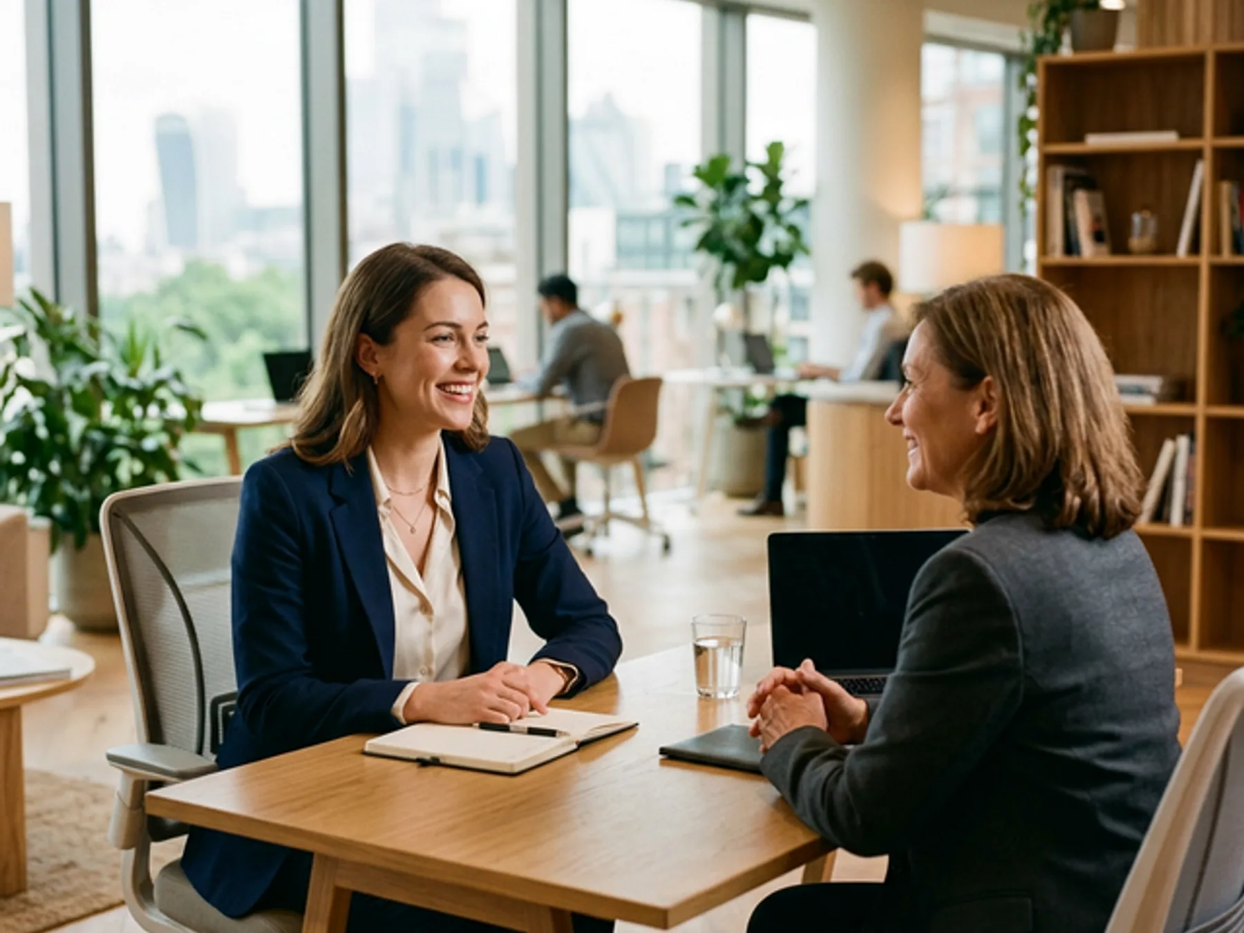 Two women in blazers talking across a desk in a bright office