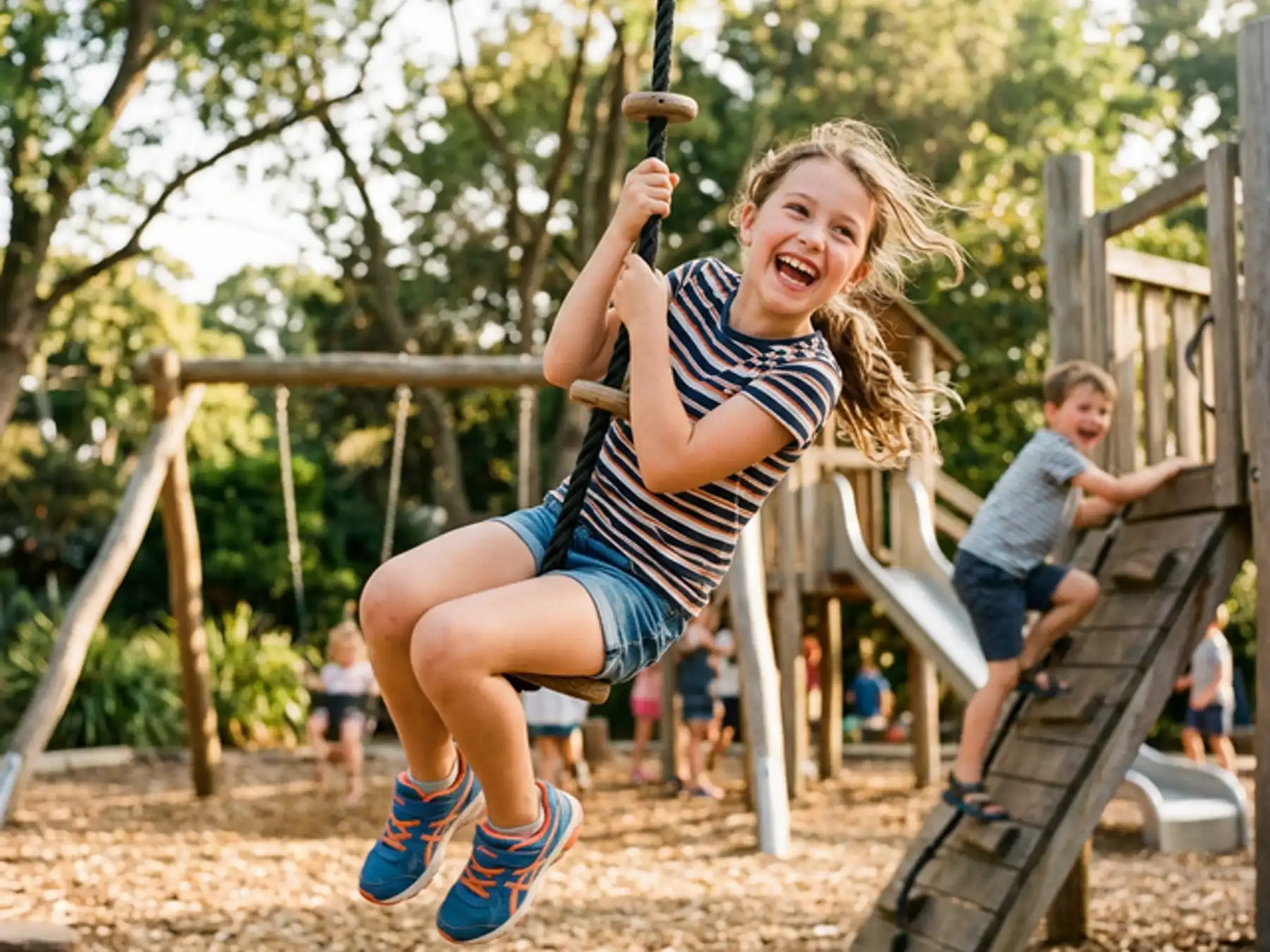 Girl laughing on a rope swing at a wooden playground
