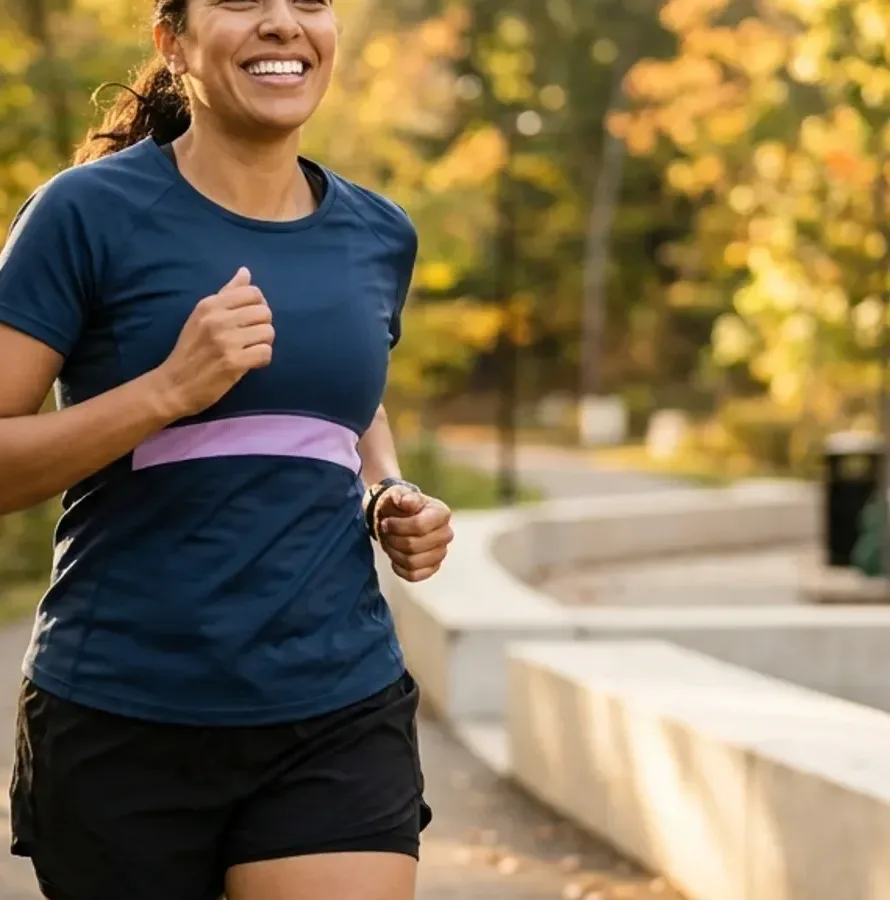 Woman jogging along a paved path lined with autumn trees