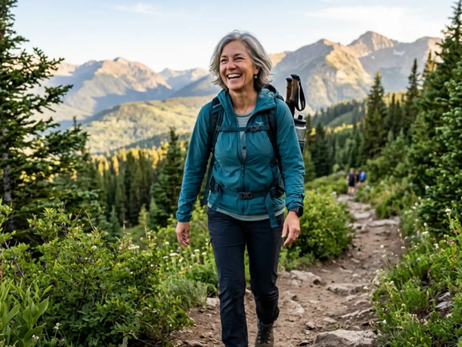 Woman with a backpack hiking a mountain trail on a clear day