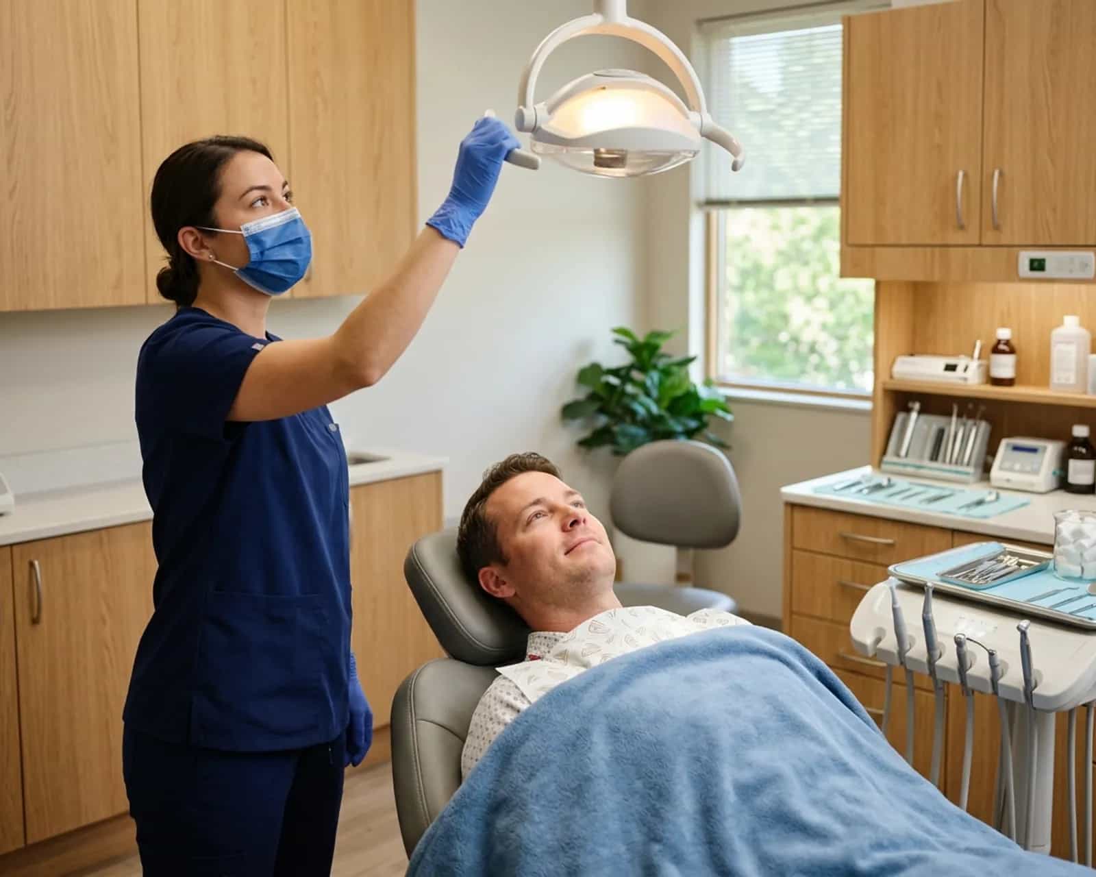 Man reclining calmly in a dental chair as a clinician adjusts the overhead light