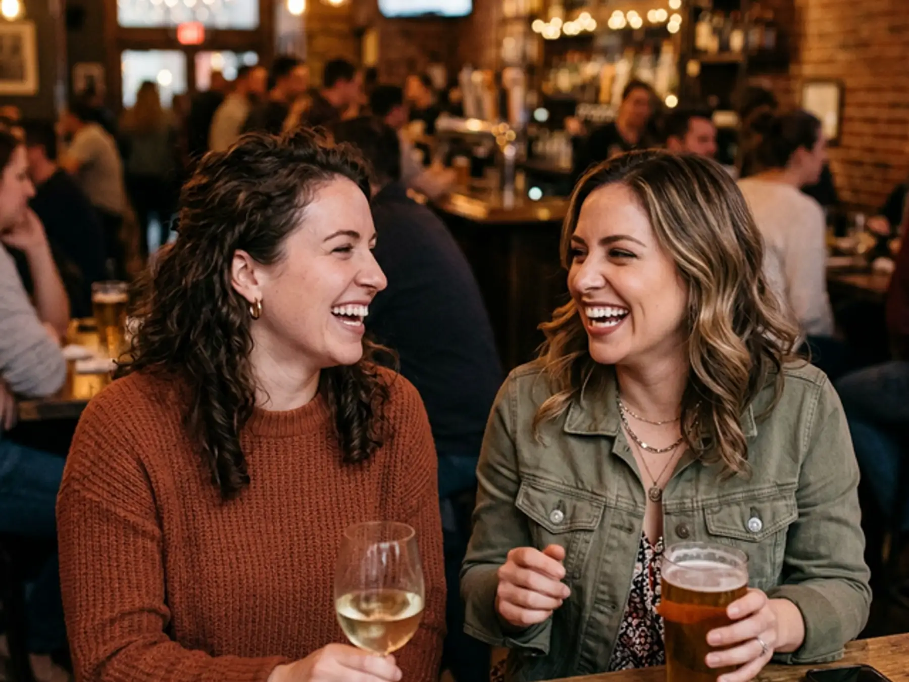Two women laughing over drinks at a busy bar