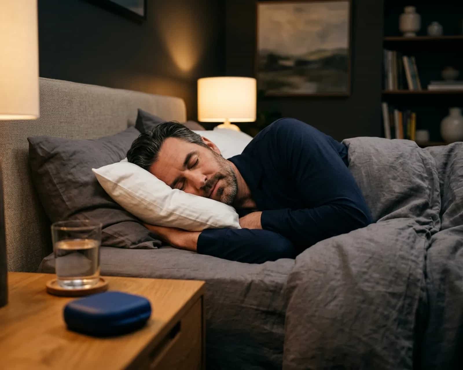 Man sleeping restfully on his side with a night-guard case and water glass on the nightstand