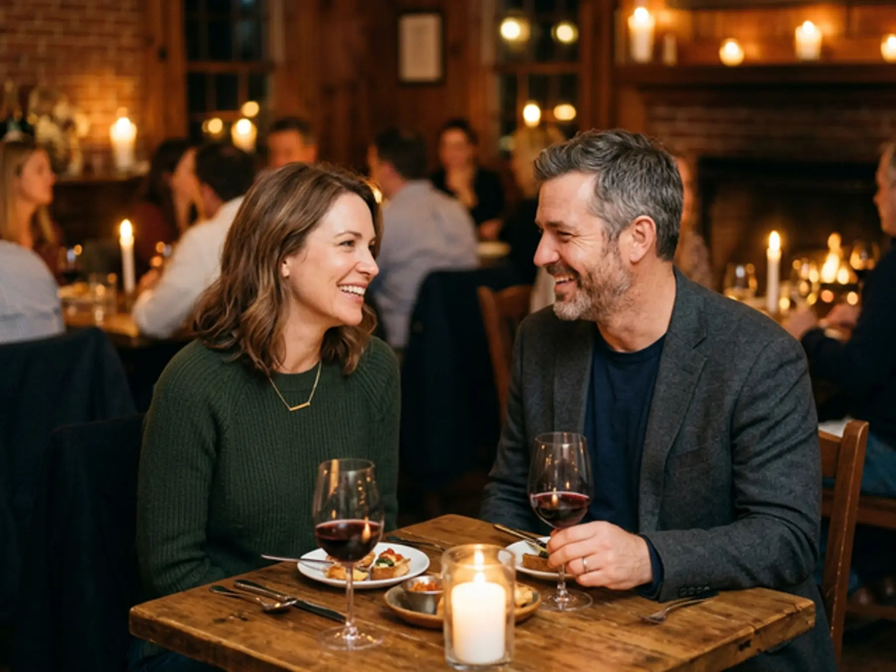 Couple smiling at each other over dinner in a candlelit restaurant