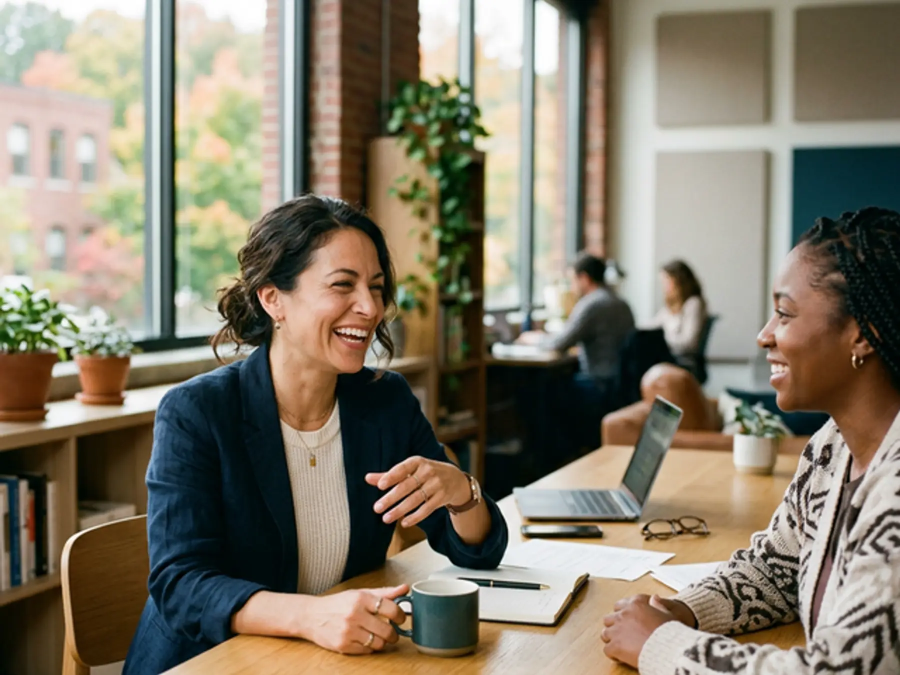 Two women laughing over coffee at a table in a bright office