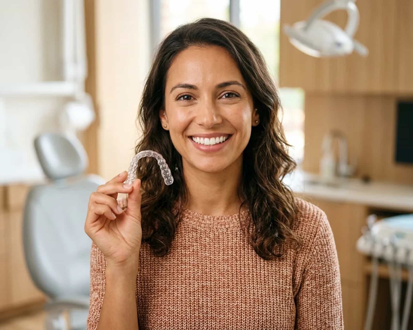 Woman holding a clear aligner tray while smiling in a dental treatment room