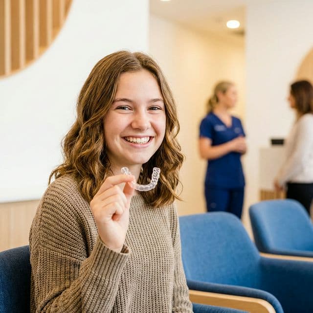 Happy teenage girl smiling and holding Invisalign Teen clear aligners at Innova Smiles in Marlborough, MA