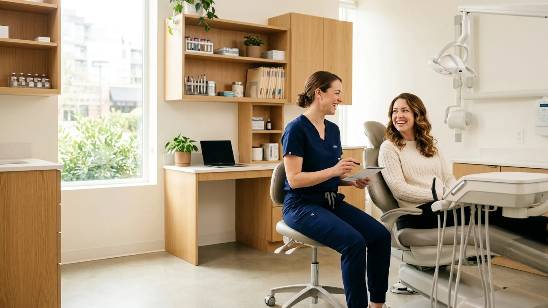 Clinician in navy scrubs discussing in-house dental membership plan with a smiling patient in a modern dental office