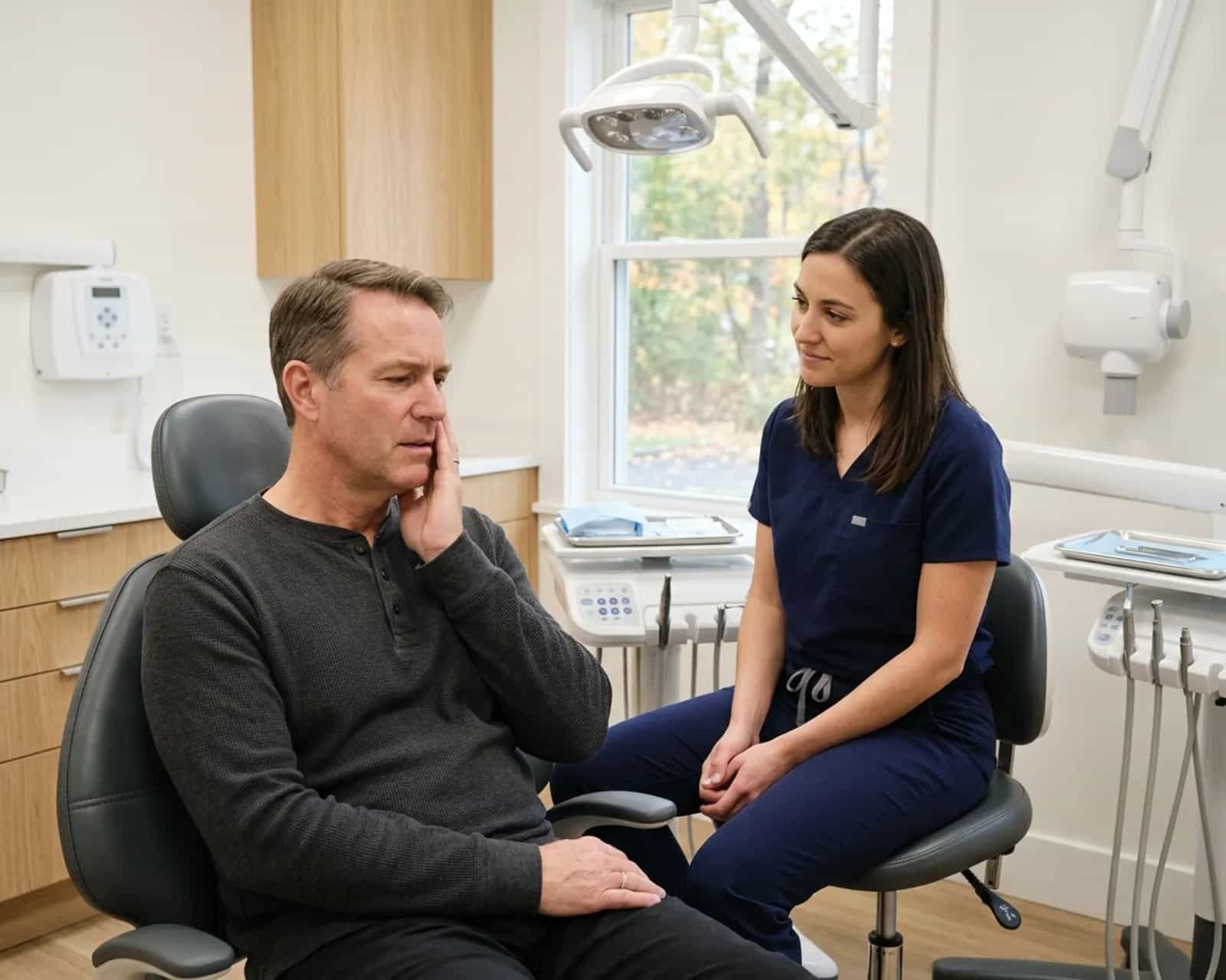 Clinician reassuring a seated man who is holding his jaw during a dental consultation