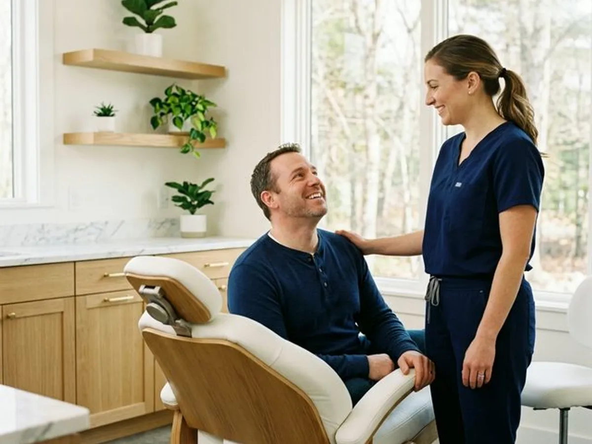 Patient smiling with relief after same-day broken tooth repair at Innova Smiles in Marlborough, MA