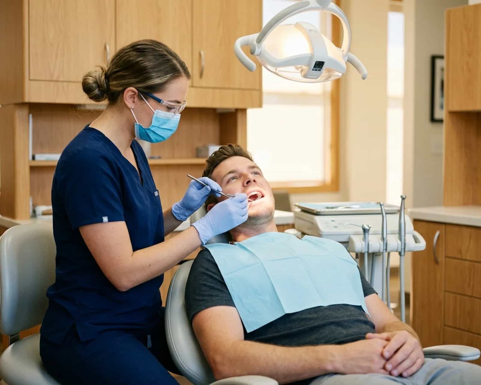 Hygienist examining a reclined man's teeth under an overhead light in a dental operatory