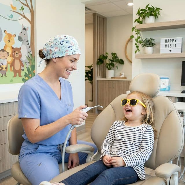 Young girl with sunglasses laughing during a Happy Visit children's dentistry appointment in Marlborough, MA