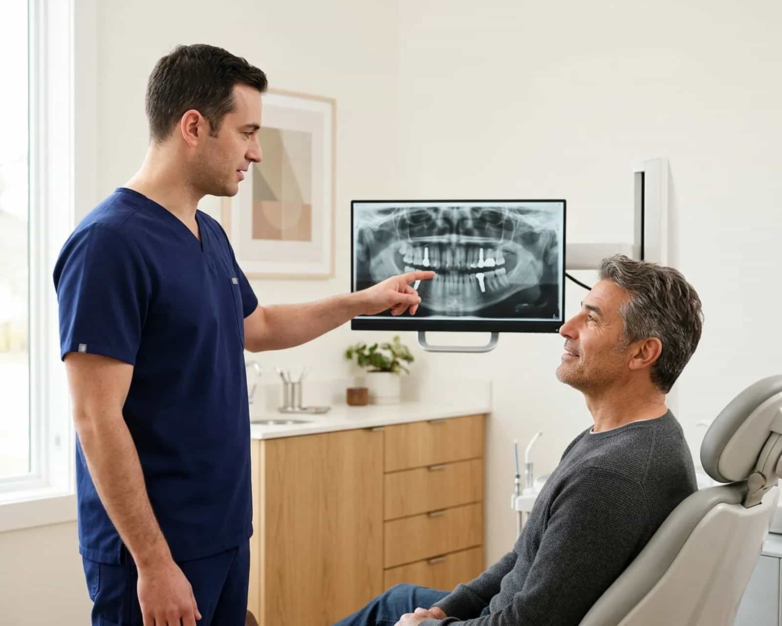 Clinician pointing to a panoramic dental X-ray on a monitor beside a seated man