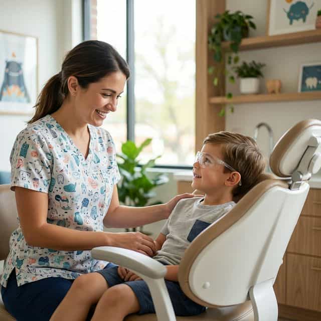 Gentle pediatric dental hygienist with a happy young boy at Innova Smiles in Marlborough, MA