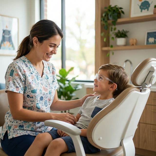 Gentle pediatric dental hygienist with a happy young boy at Innova Smiles in Marlborough, MA