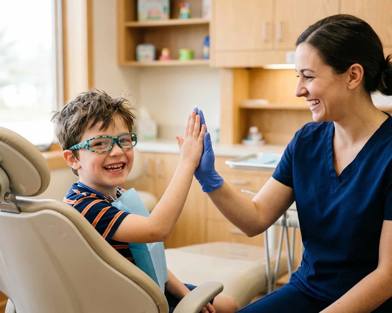 Young boy in a dental chair giving a hygienist a high-five
