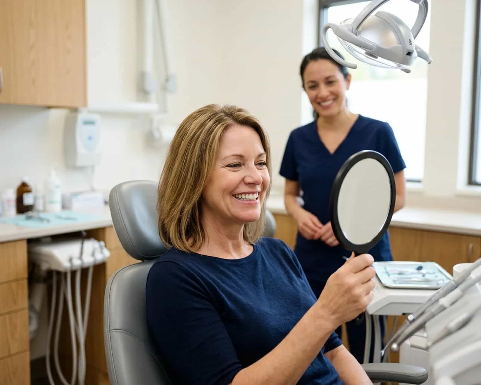 Woman checking her smile in a hand mirror in a dental treatment room