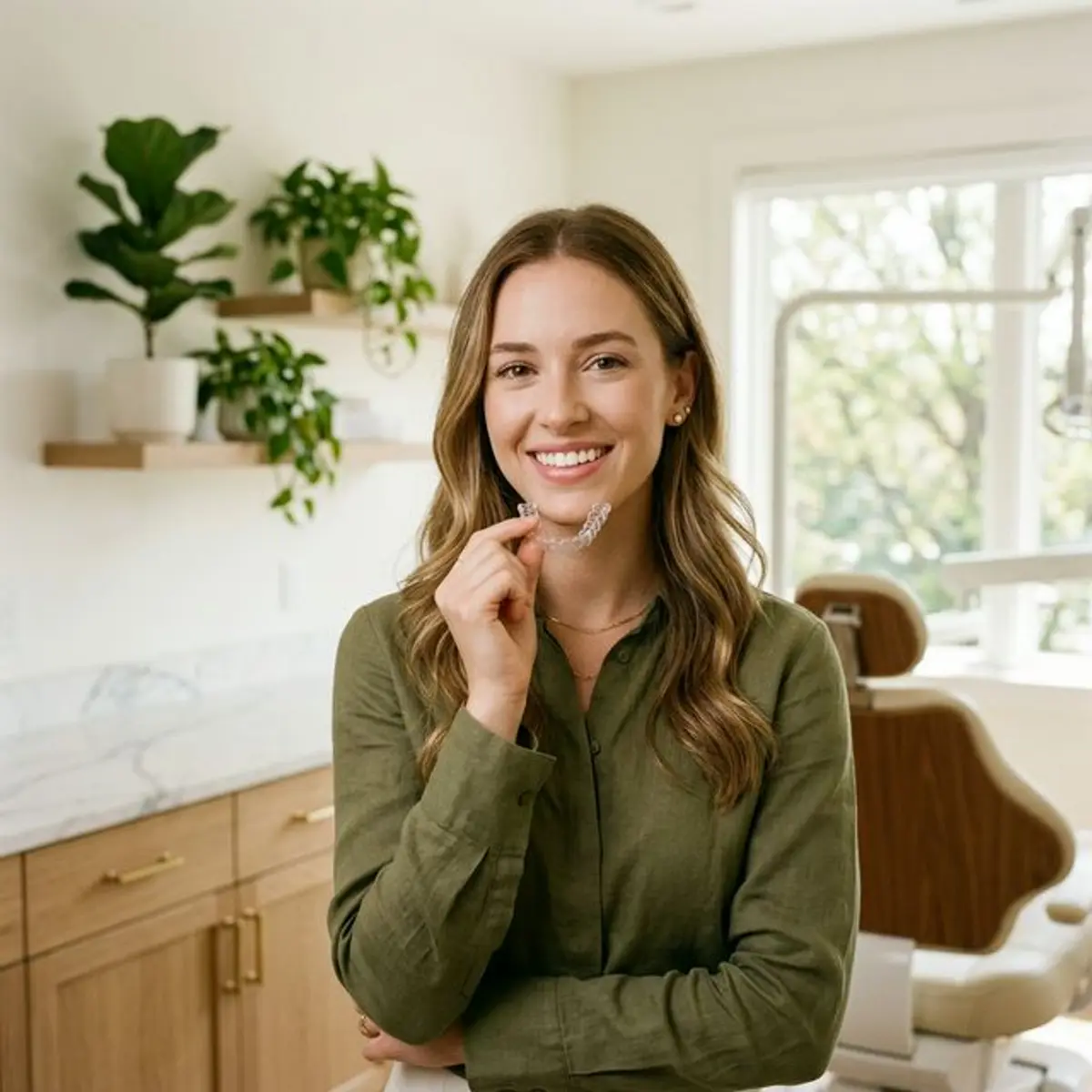 Smiling woman holding clear aligners for adult orthodontic treatment at Innova Smiles in Marlborough, MA