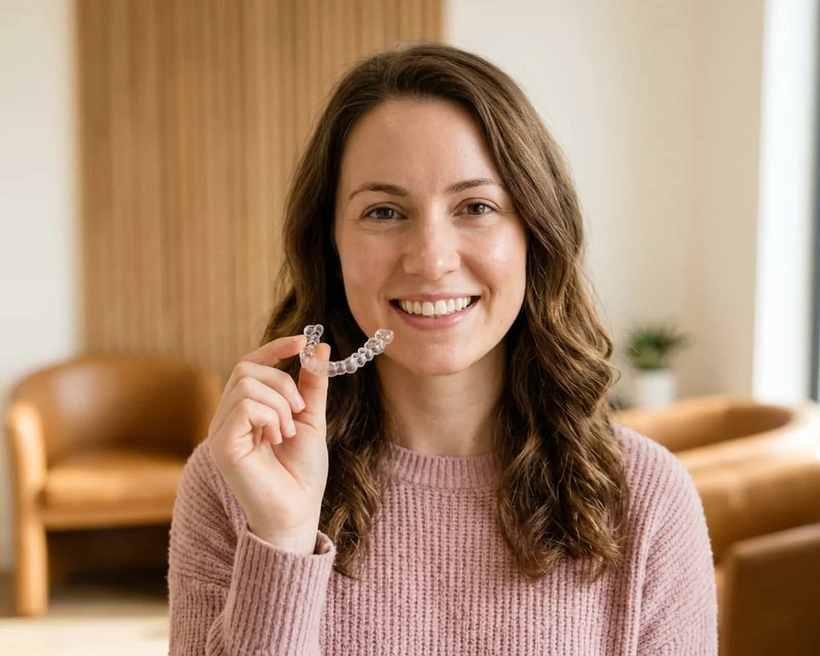 Woman holding up a clear aligner tray and smiling in a dental office