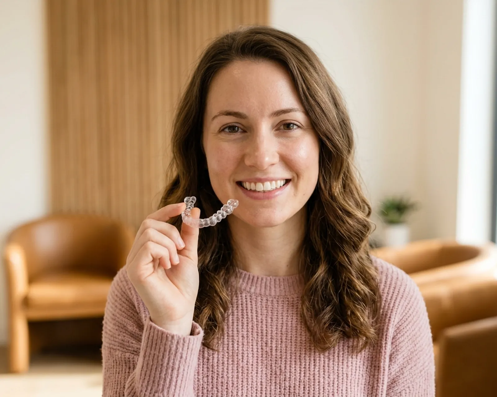 Confident young woman holding Spark clear aligners