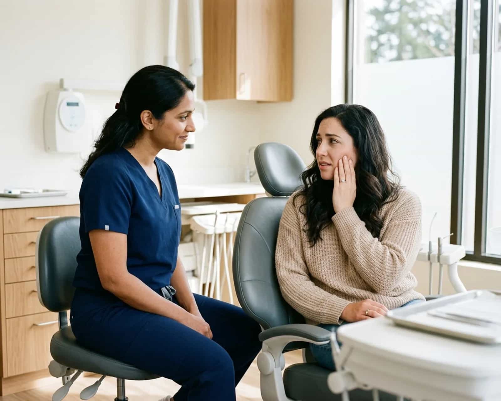 Clinician listening closely to a seated woman describing tooth discomfort