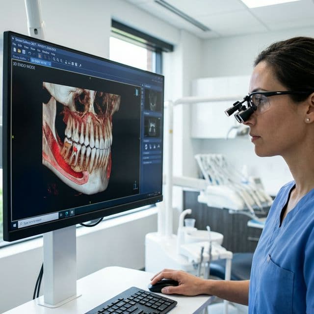 Dr. Fatima reviewing 3D CBCT scan to diagnose tooth pain at Innova Smiles in Marlborough, MA