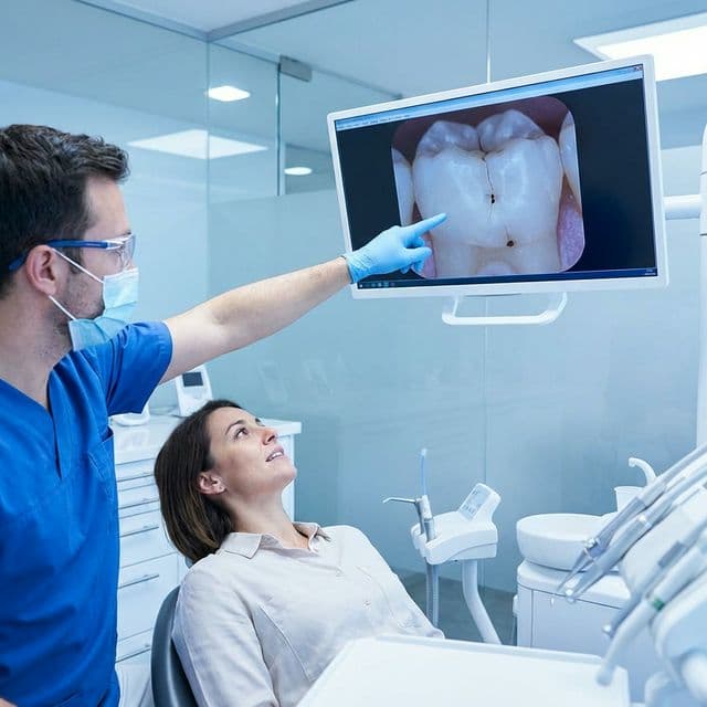Dentist showing patient intraoral camera images during dental exam at Innova Smiles in Marlborough, MA