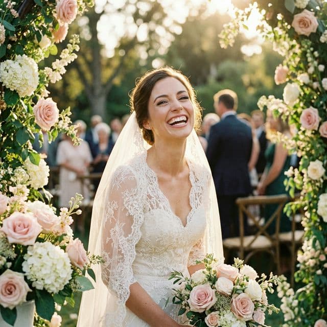 Bride smiling on her wedding day after porcelain veneers at Innova Smiles in Marlborough, MA